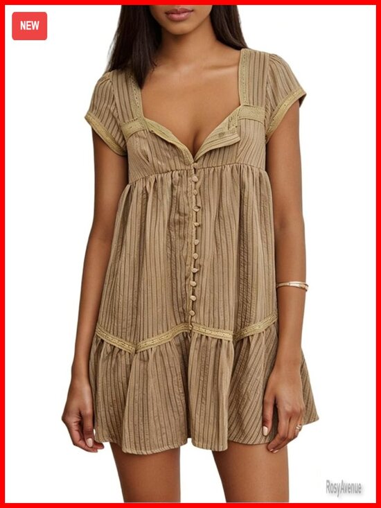 Dresses & Skirts - Button Front Lace Trim Square Neck Short Sleeve Babydoll Mini Dress Tiered Flow